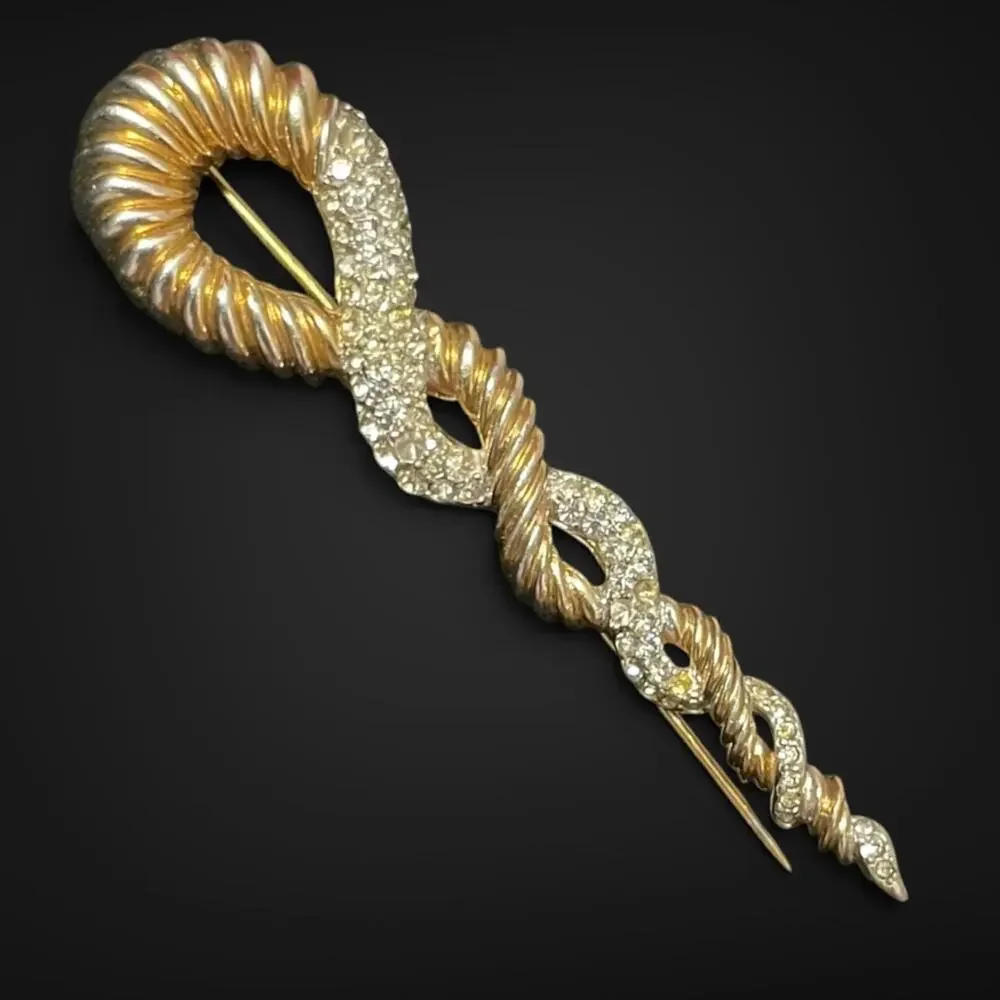 Vintage 1950 Marcel Boucher 3164 Gold Plated Rhinestone Rope Brooch 3.25